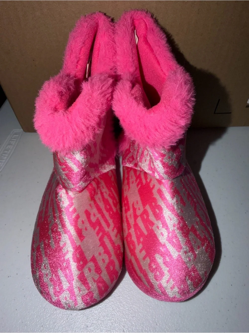 Mattel Girls Pink Glitter Plush Slip-On Slippers